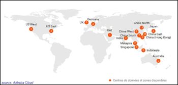 Infrastructure d’Alibaba Cloud : 21 datacenters régionaux, 63 zones de disponibilité et plus de 2800 nœuds CDN dans le monde.