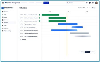 Le module Timeline de Jira Work Management montre les tâches en dimension temporelle, et en soulignant les corrélations éventuelles.