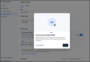 Après atteinte d’un plafond, Google permet d’autoriser la poursuite de l’activité en basculant les dépassements en pay-as-you-go. Source: Google Cloud.