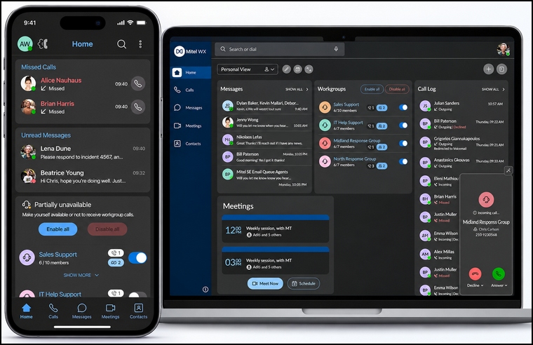 Mitel WX réunit appels, messagerie, réunions et groupes de travail dans une interface adaptée aux ordinateurs, tablettes et smartphones.